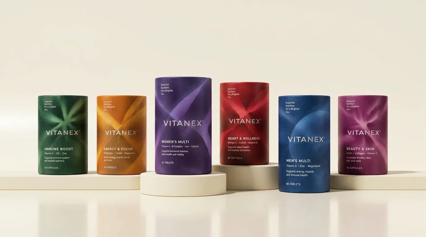 Six Vitanex supplement packages in green, orange, purple, red, blue and pink