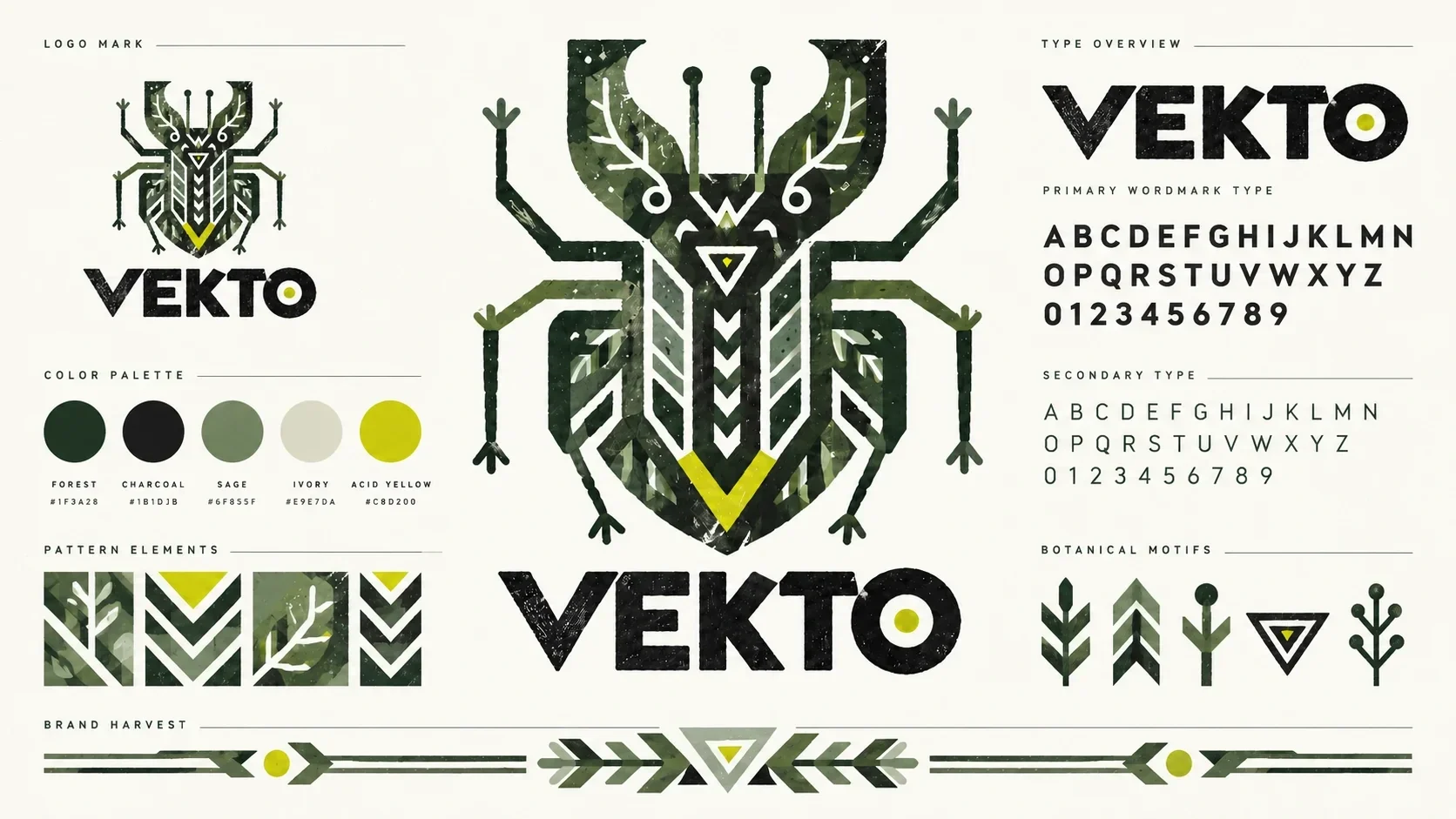 لوحة هوية VEKTO تضم الشعار والألوان والخط والزخرفة