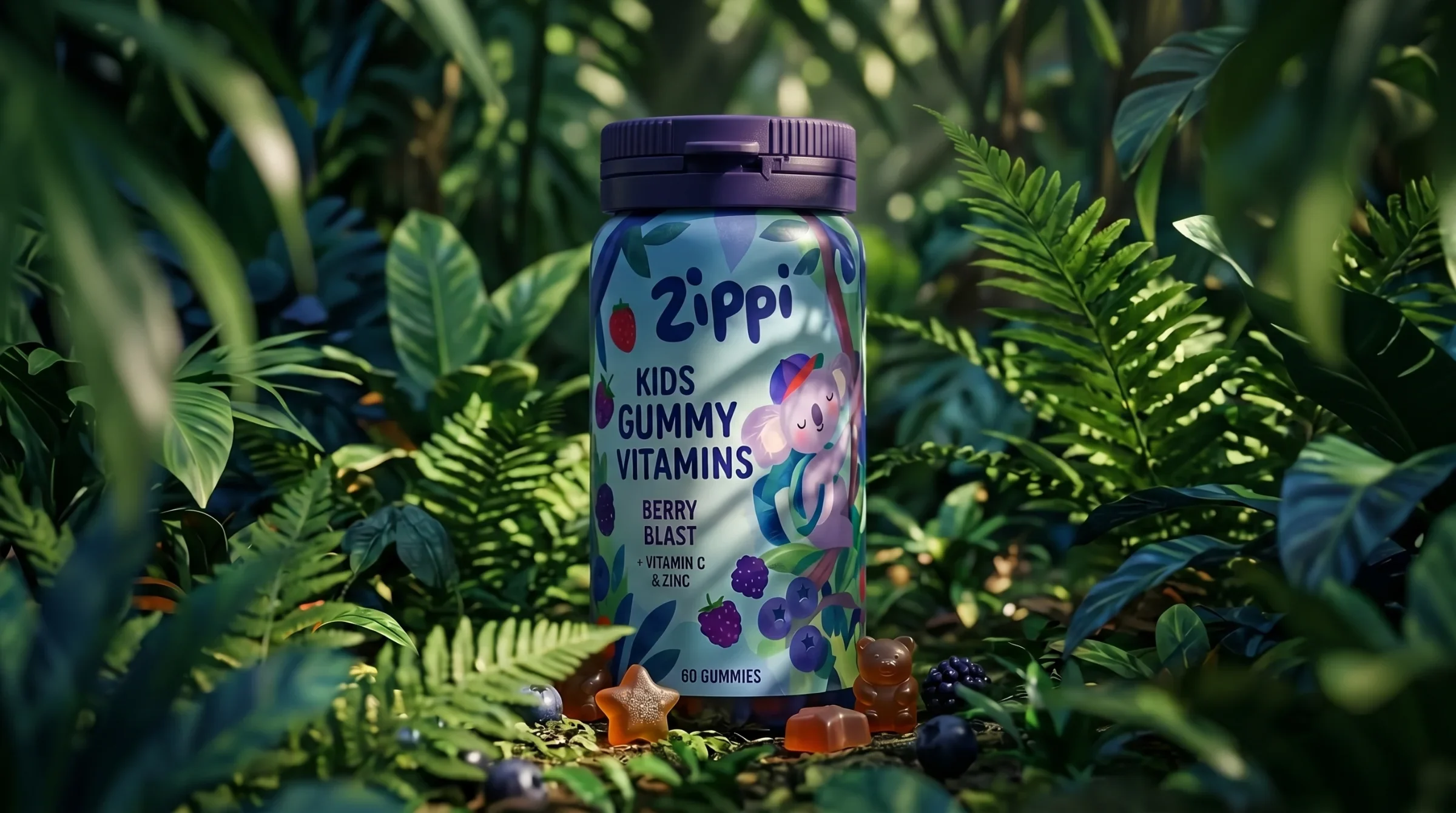 Berry Zippi bottle mockup among deep green forest foliage.