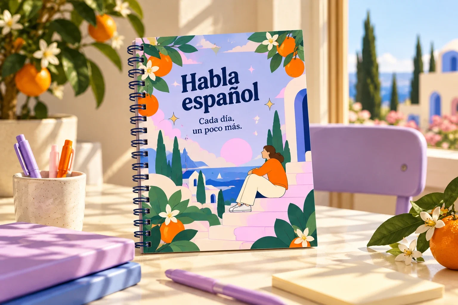 نموذج دفتر حلزوني يحمل عبارة Habla español في صف مضاء بالشمس.