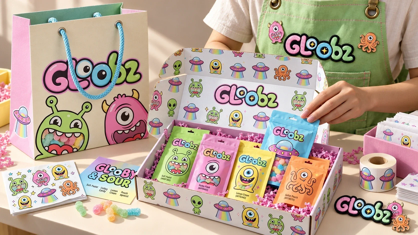 أكياس حلوى Gloobz وعلبة المجموعة وحقيبة التسوق على منضدة