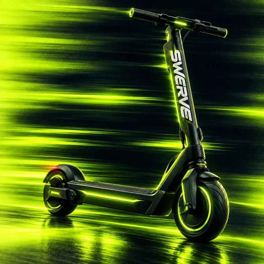 Black Swerve scooter with a white stem wordmark in an electric-green scene