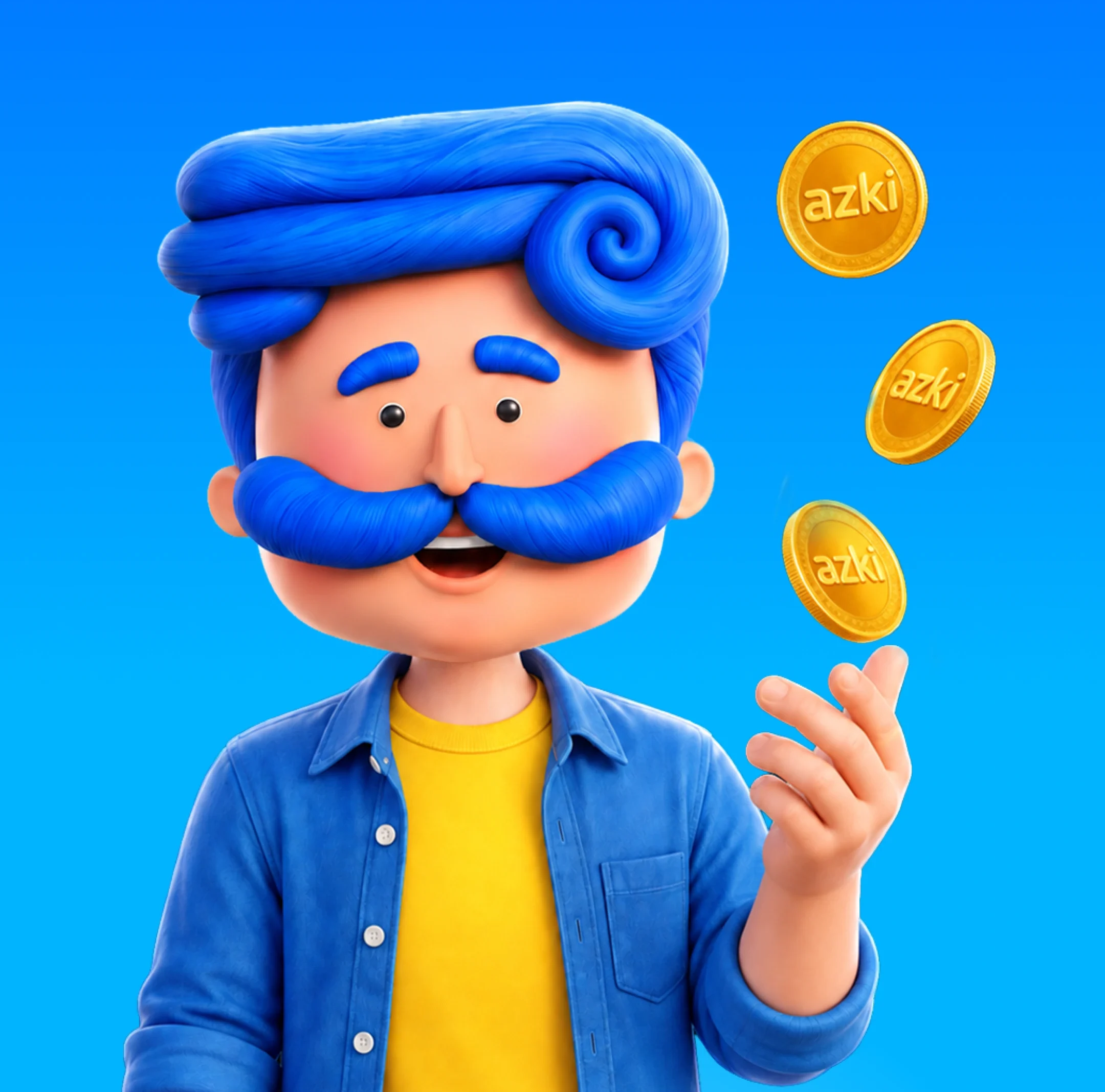شخصية أزكي بقميص أزرق وقميص داخلي أصفر ترمي ثلاث عملات ذهبية باسم أزكي.