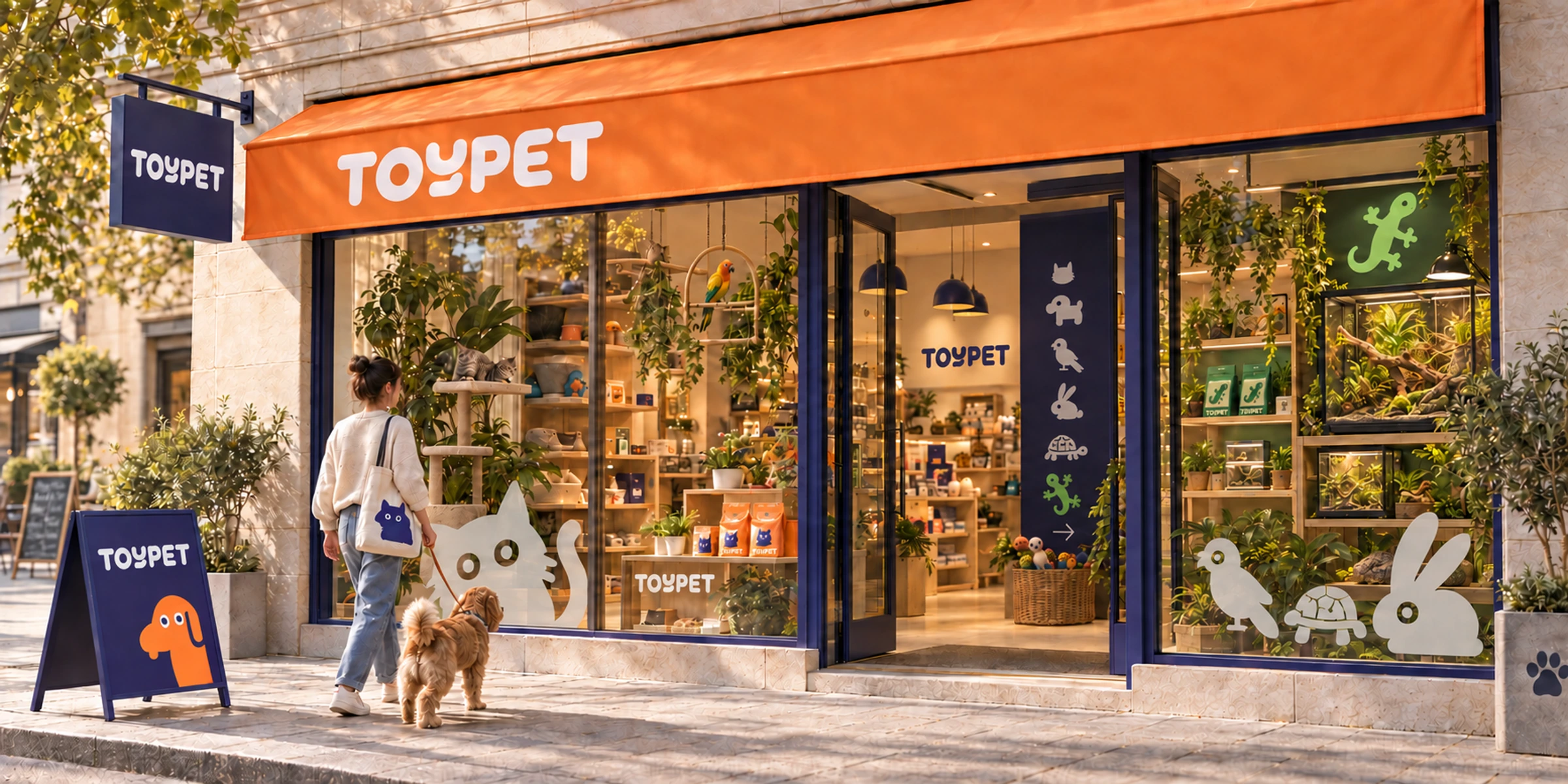 ToyPet storefront with orange awning, indigo wayfinding and a green reptile terrarium zone