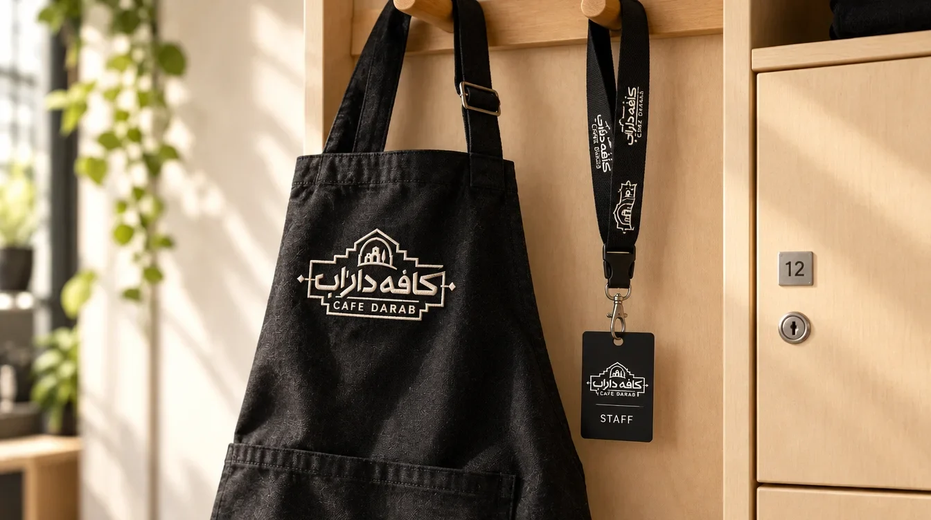 Design visualisation of a branded black apron, lanyard and staff badge beside a pale wooden locker.