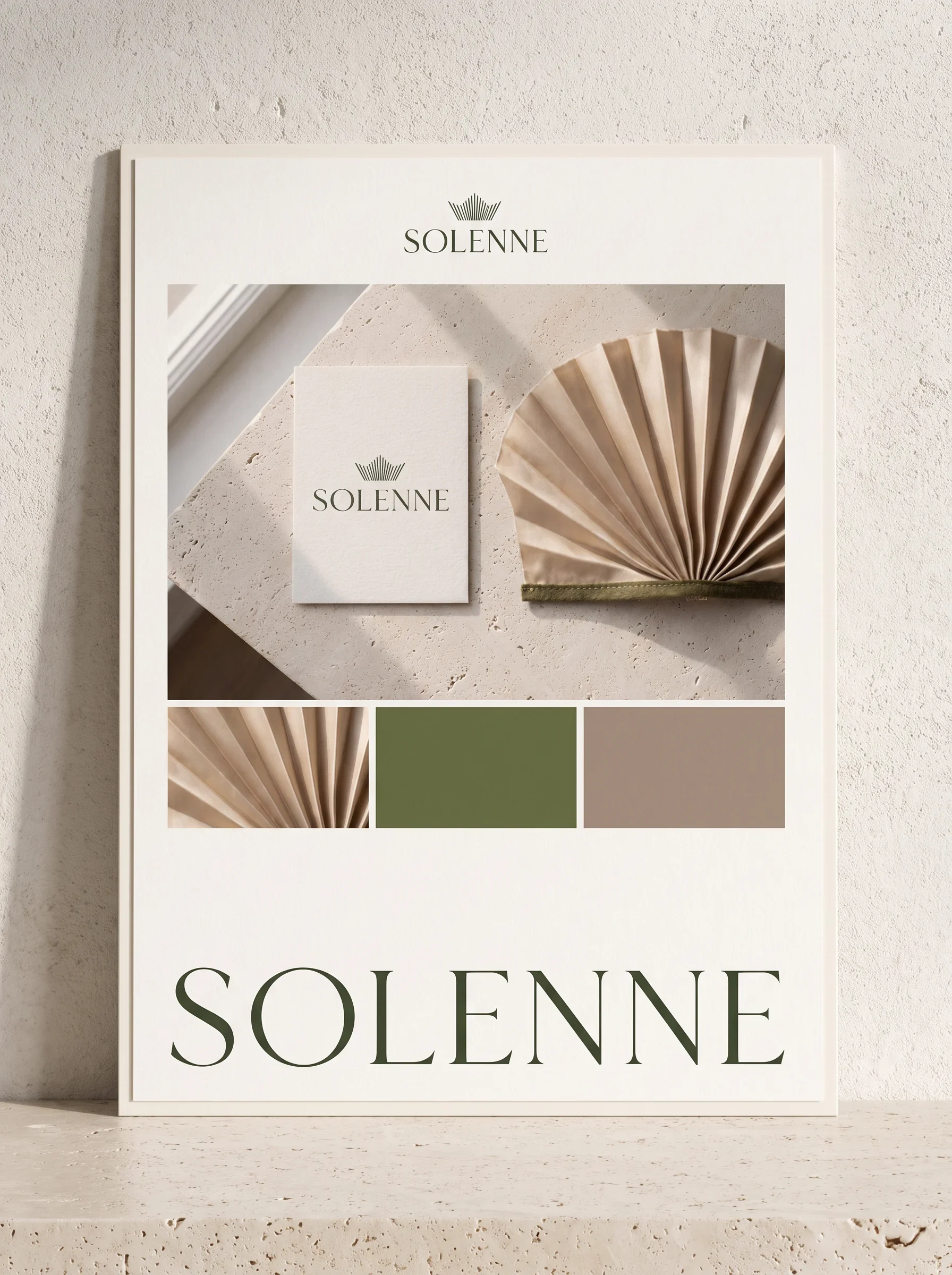 Solenne identity moodboard showing the logotype, pleated fan motif and olive and neutral palette.