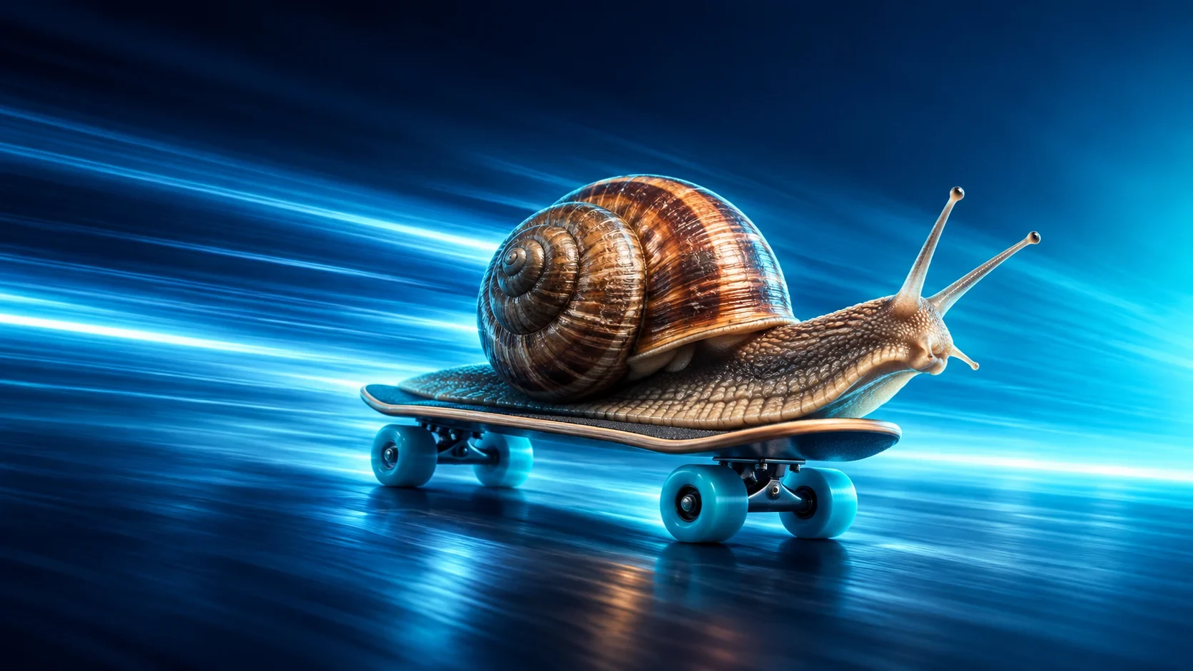 Snail speeding on a skateboard through a cyan light trail