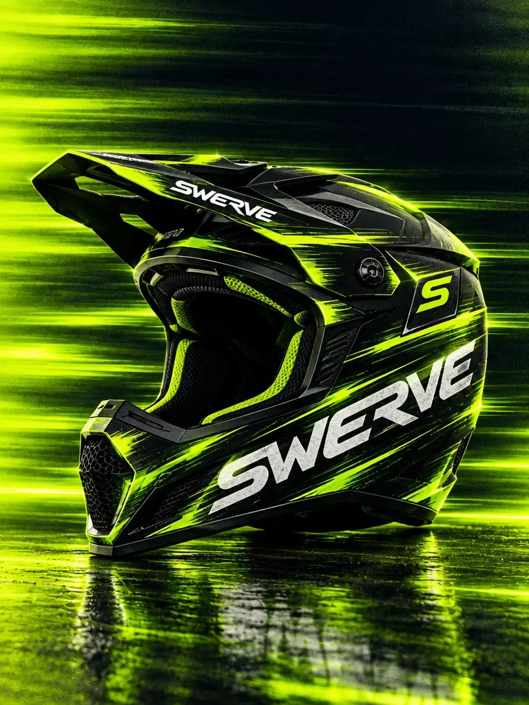 Black Swerve riding helmet with electric-green graphics and a white wordmark
