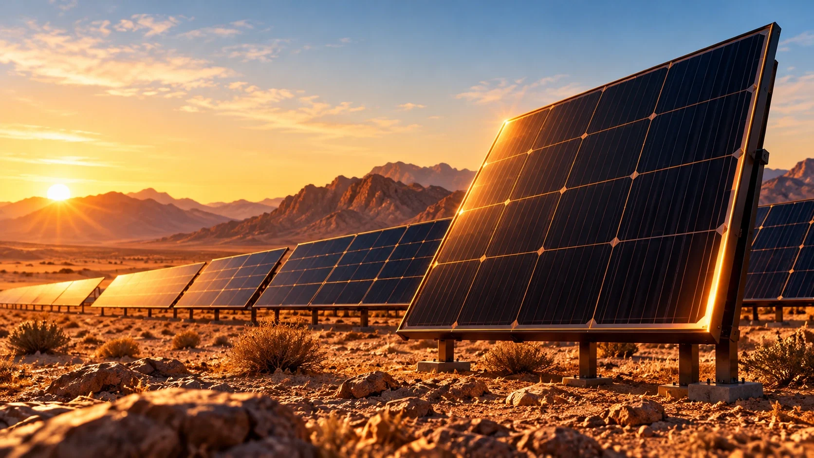 Solar panels across an arid landscape in early golden light.