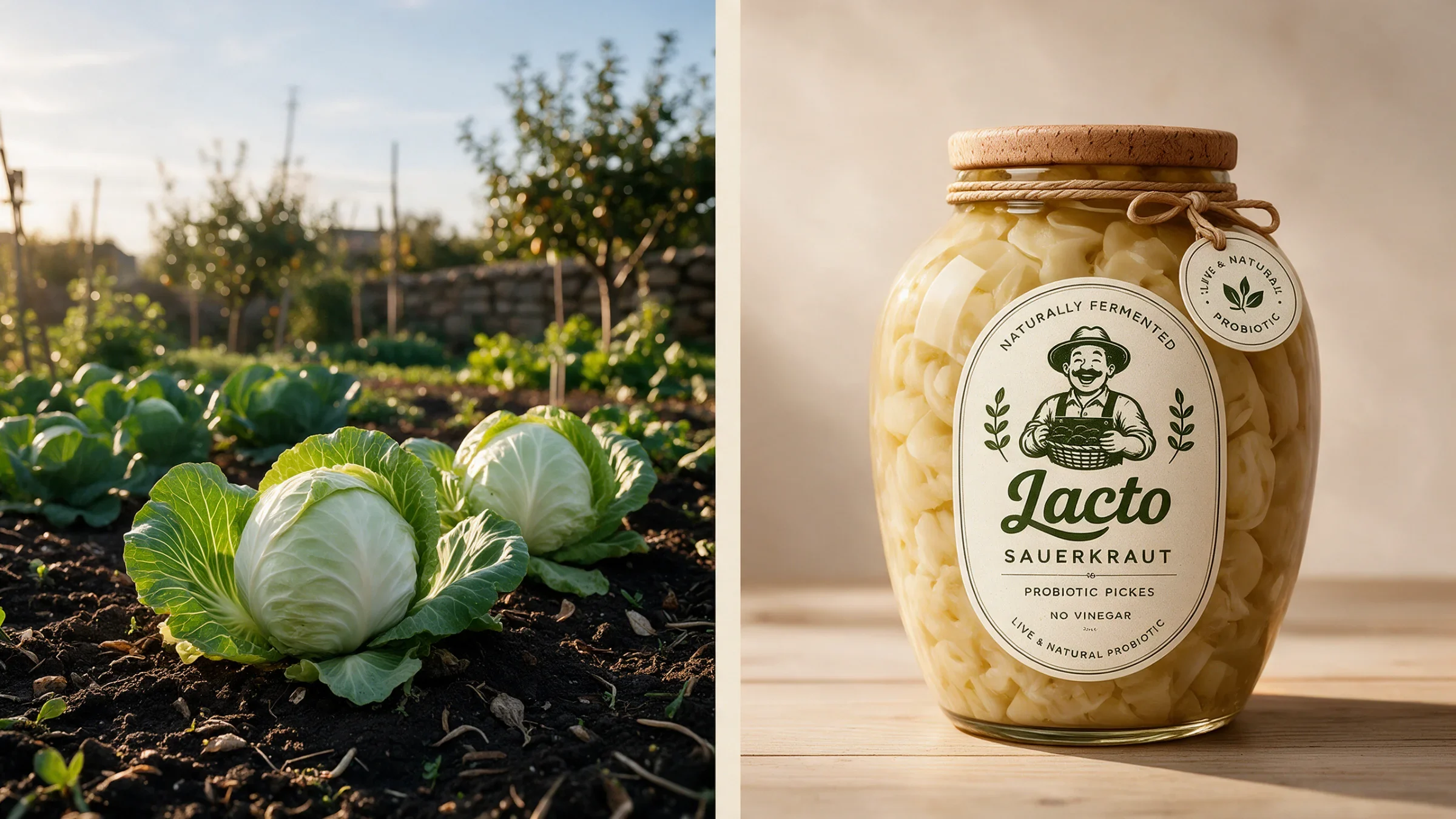 Lacto sauerkraut jar beside a photograph of cabbages in a garden