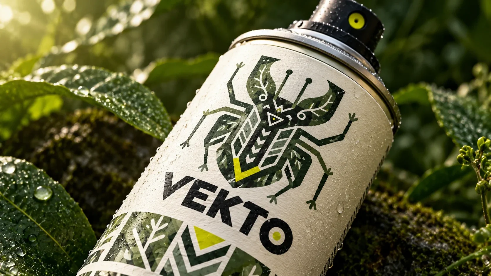 لقطة مقرّبة لعبوة بخاخ VEKTO بين الأوراق المبللة