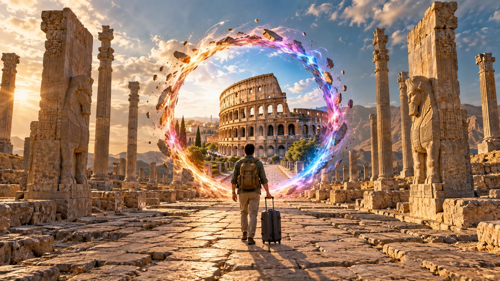 A traveler walks from Persepolis toward Rome through a complete circular portal
