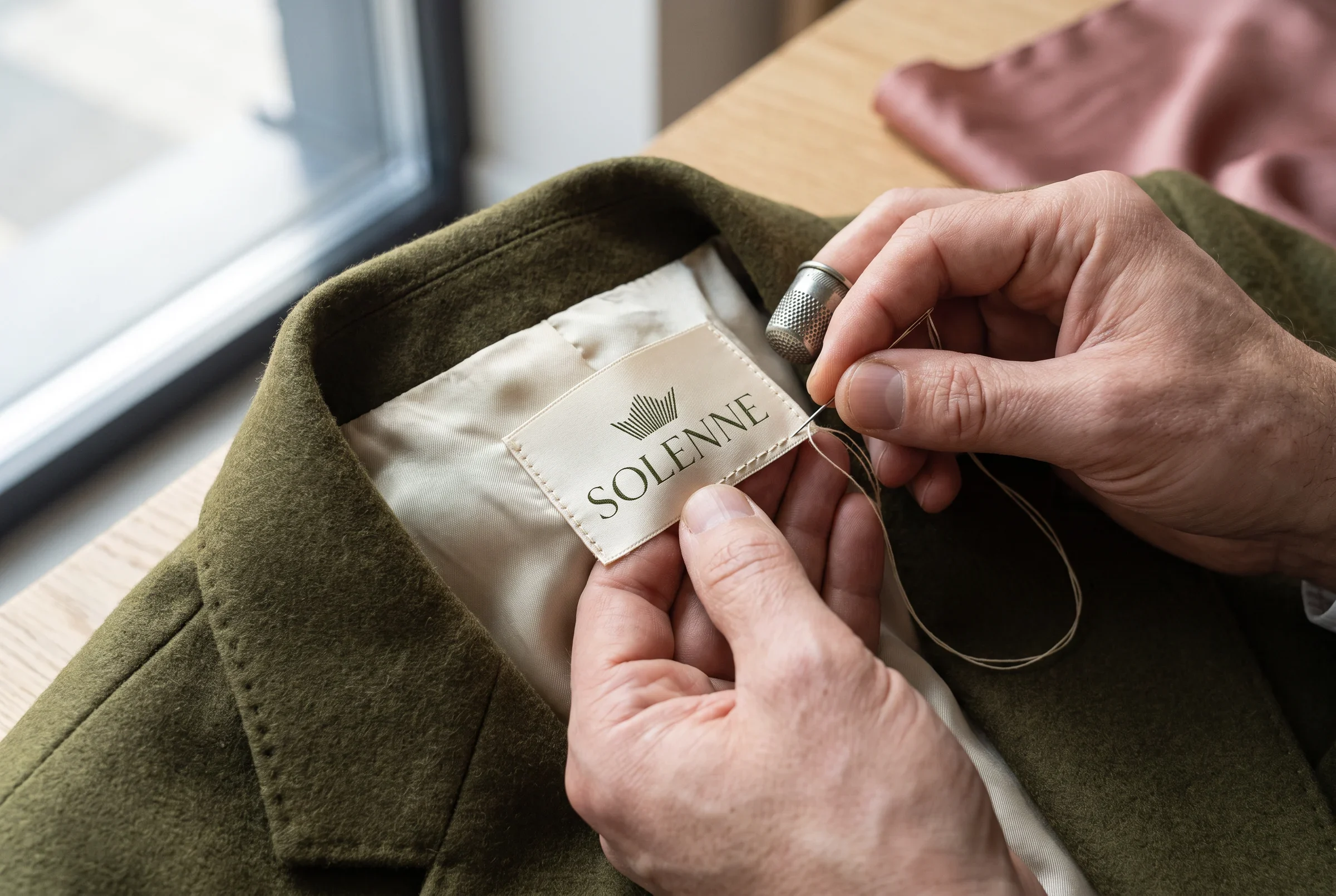 Craftsperson hand-stitching a Solenne label into an olive tailored jacket.