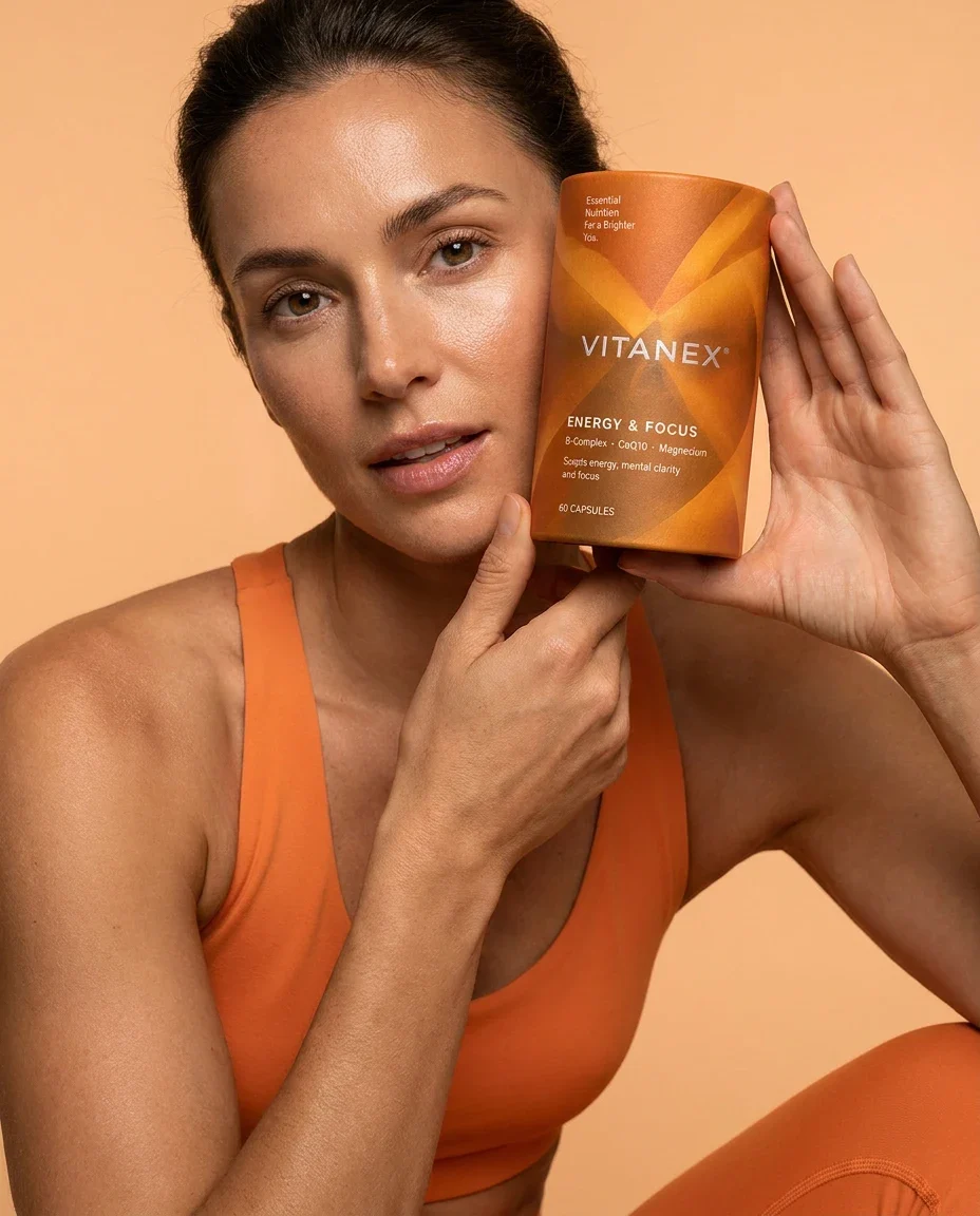Vitanex Energy and Focus packaging in a colour-coordinated lifestyle portrait