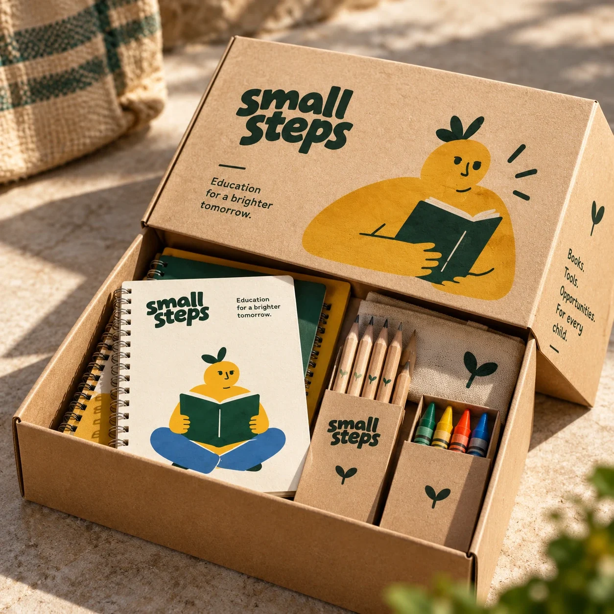 علبة Small Steps من ورق الكرافت تحمل الشخصية الصفراء ذات البرعم، وتظهر بداخلها لوازم مدرسية.