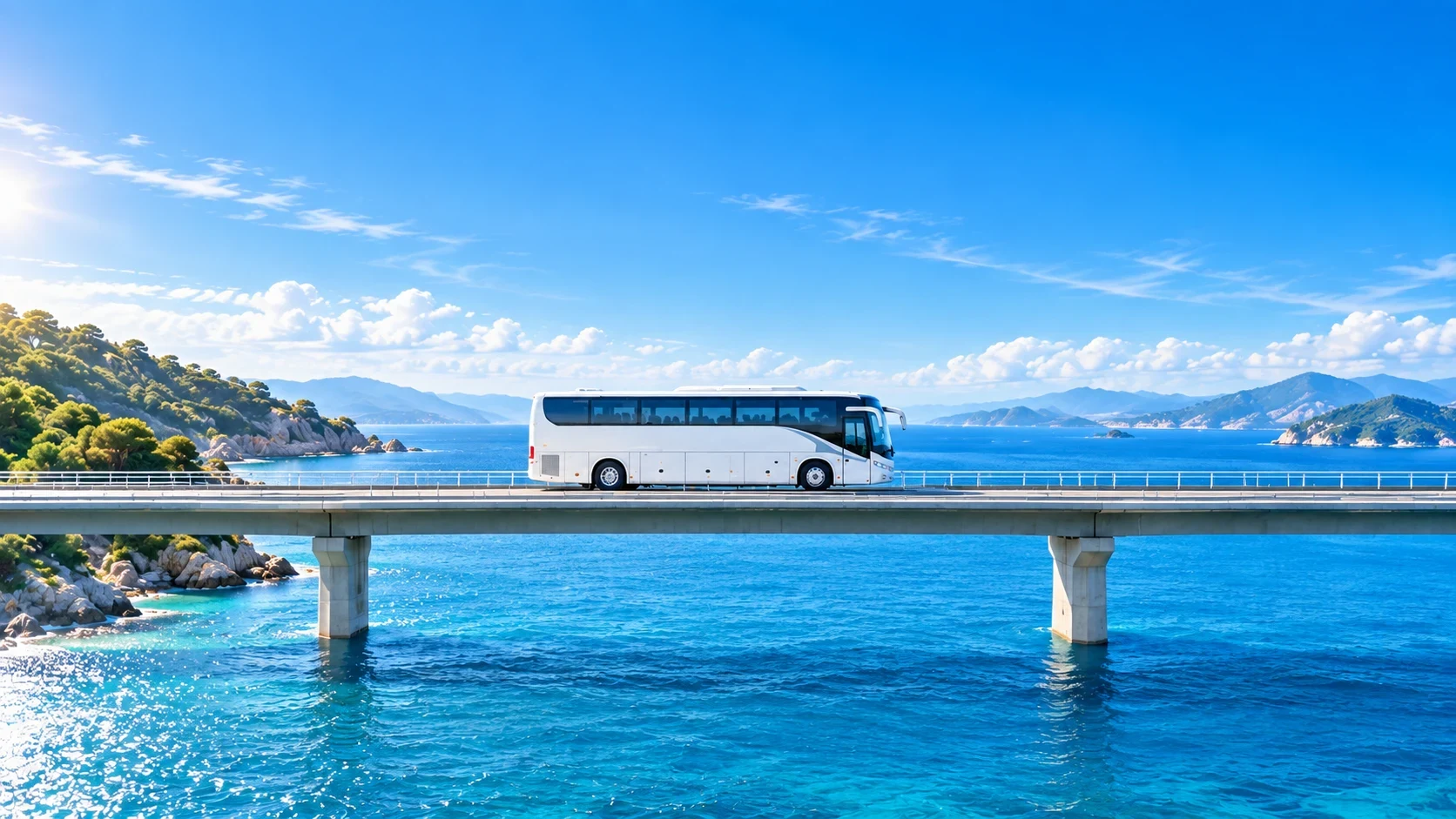 Intercity bus on a coastal bridge