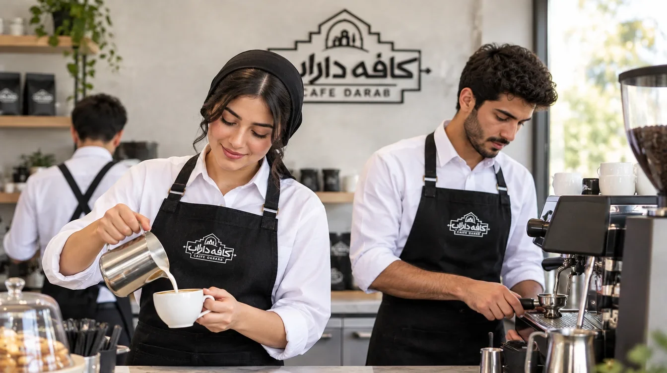 Design visualisation of baristas wearing black Café Darab aprons over white shirts.