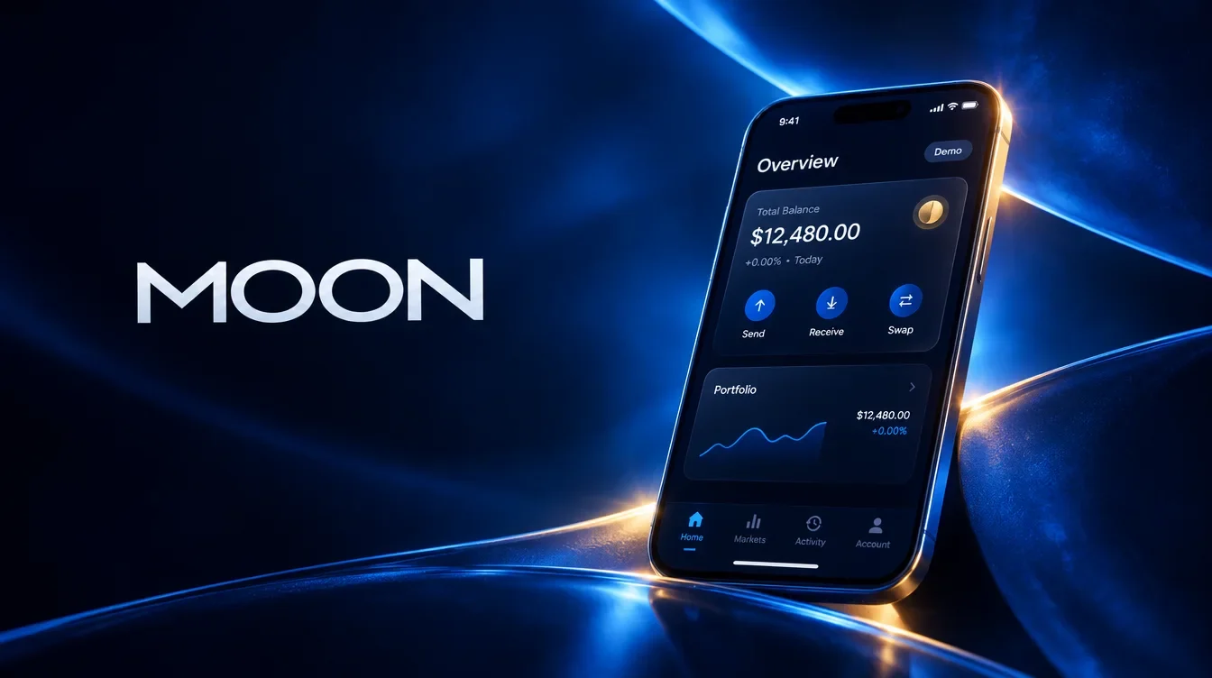 Moon mobile overview screen mockup on a blue and gold brand background