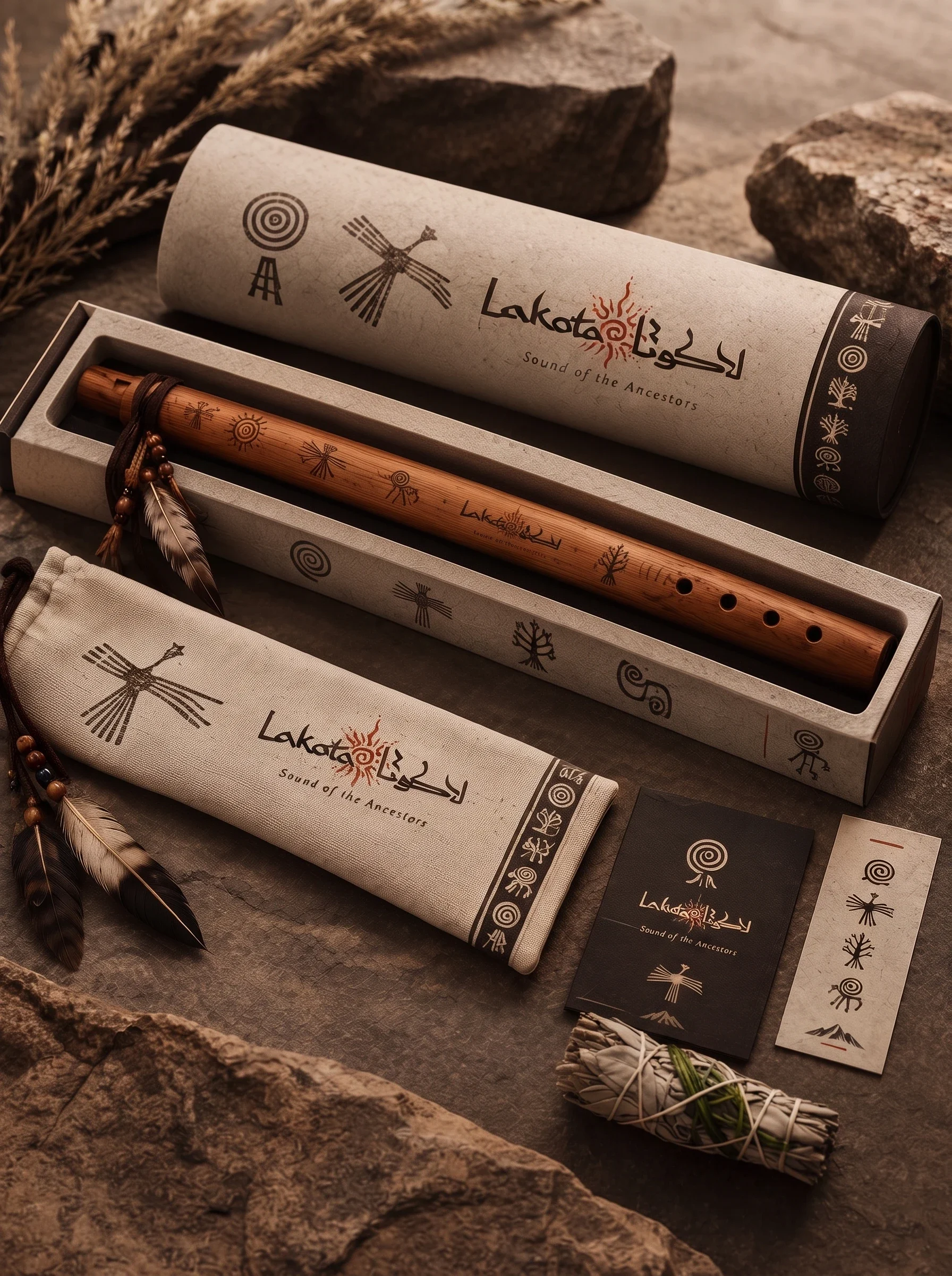 Open flute presentation box with printed pouch and cards