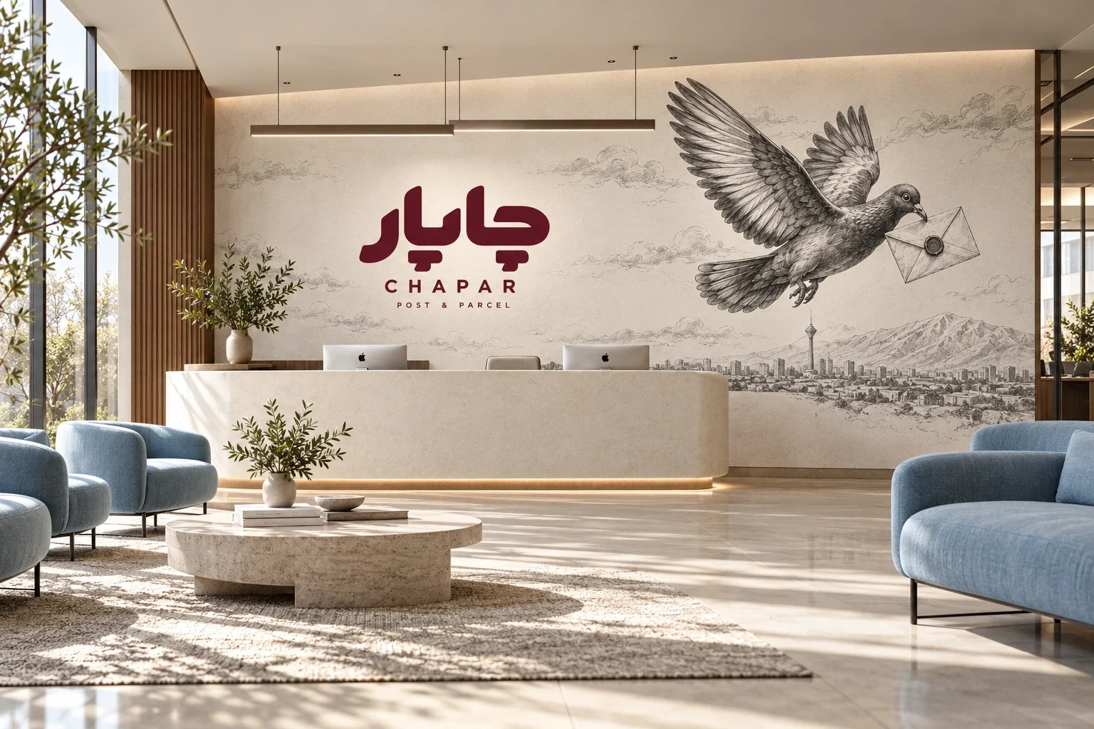 تصوّر استقبال بجدارية حمامة وشعار عنابي ومقاعد زرقاء.