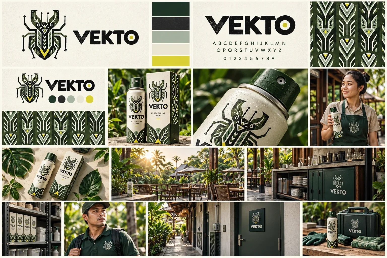 تجميعة لهوية VEKTO وتغليفها وتطبيقاتها المكانية