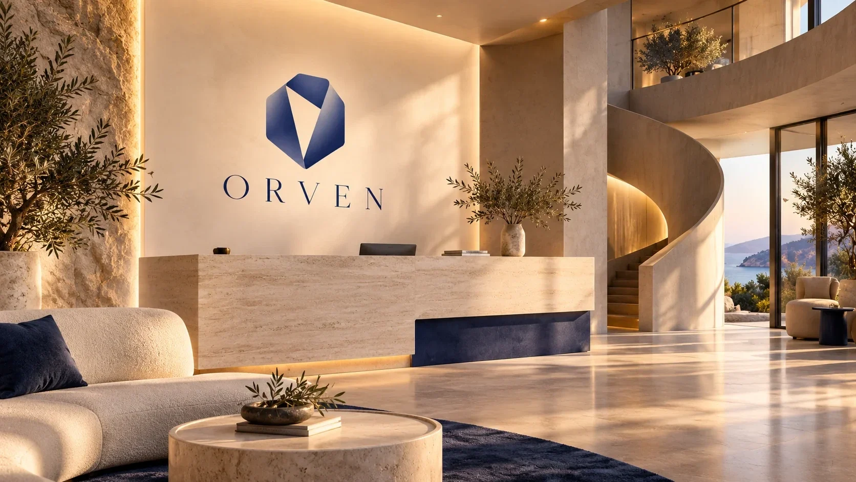 رمز ORVEN خلف مكتب استقبال حجري