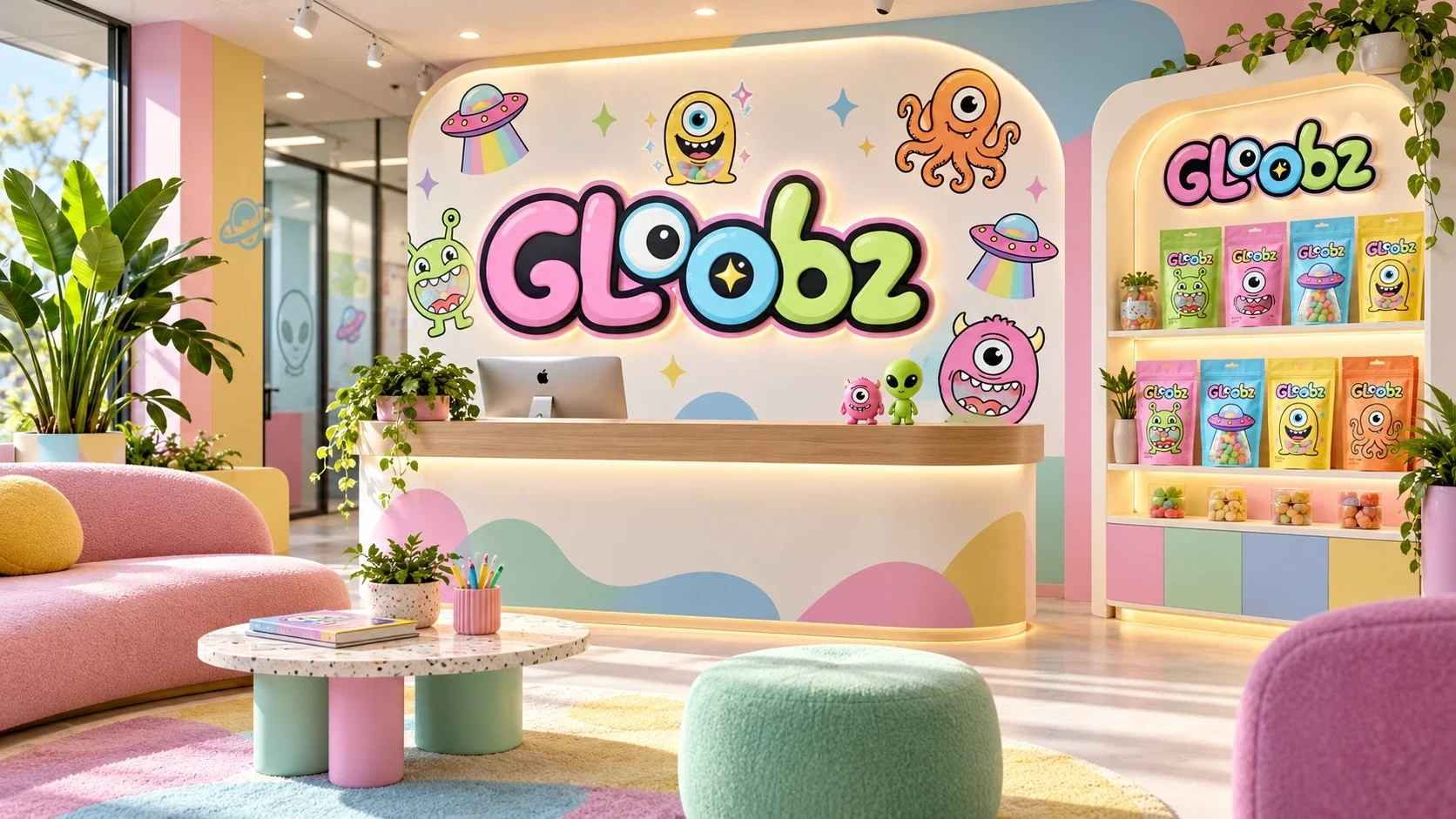 مساحة عرض بألوان باستيلية تحمل شعار Gloobz وجدار المنتجات