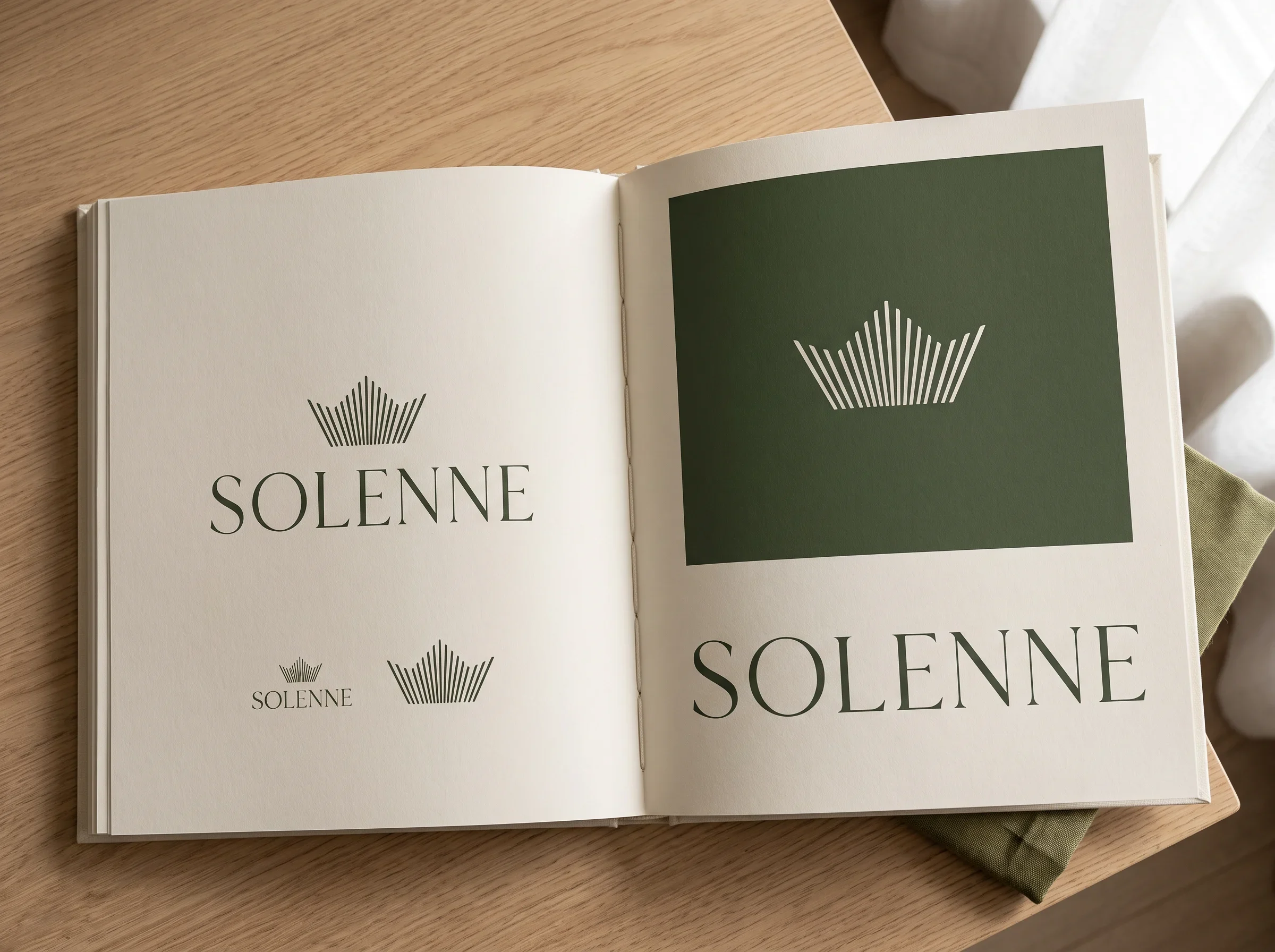 Open Solenne identity book presenting the wordmark and pleated fan symbol.