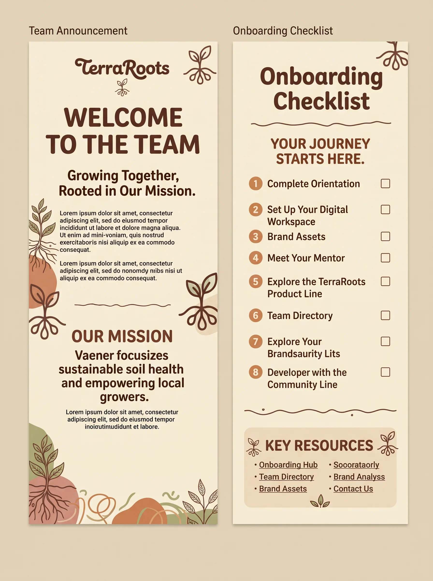 TerraRoots welcome sheet and team onboarding checklist on cream paper