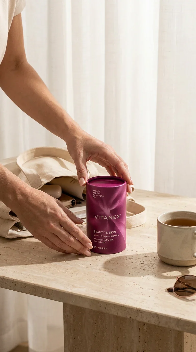 Vitanex Beauty and Skin packaging on a stone counter in an everyday setting