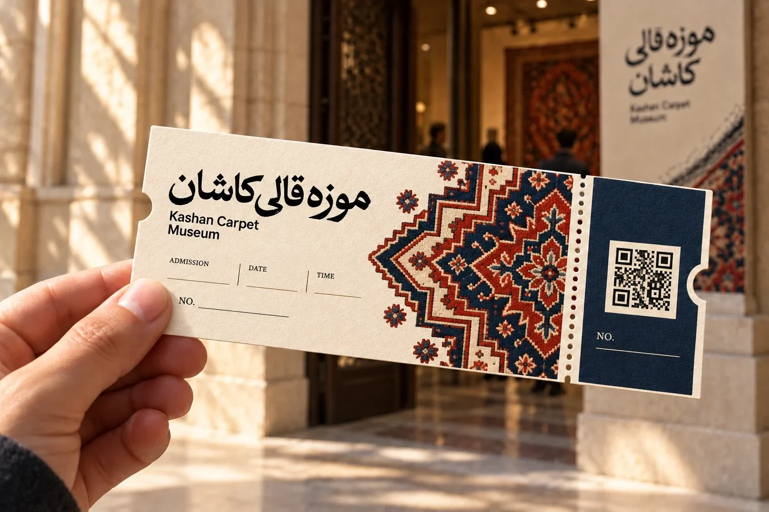 تذكرة المتحف بحافة مزخرفة ورمز استجابة سريع