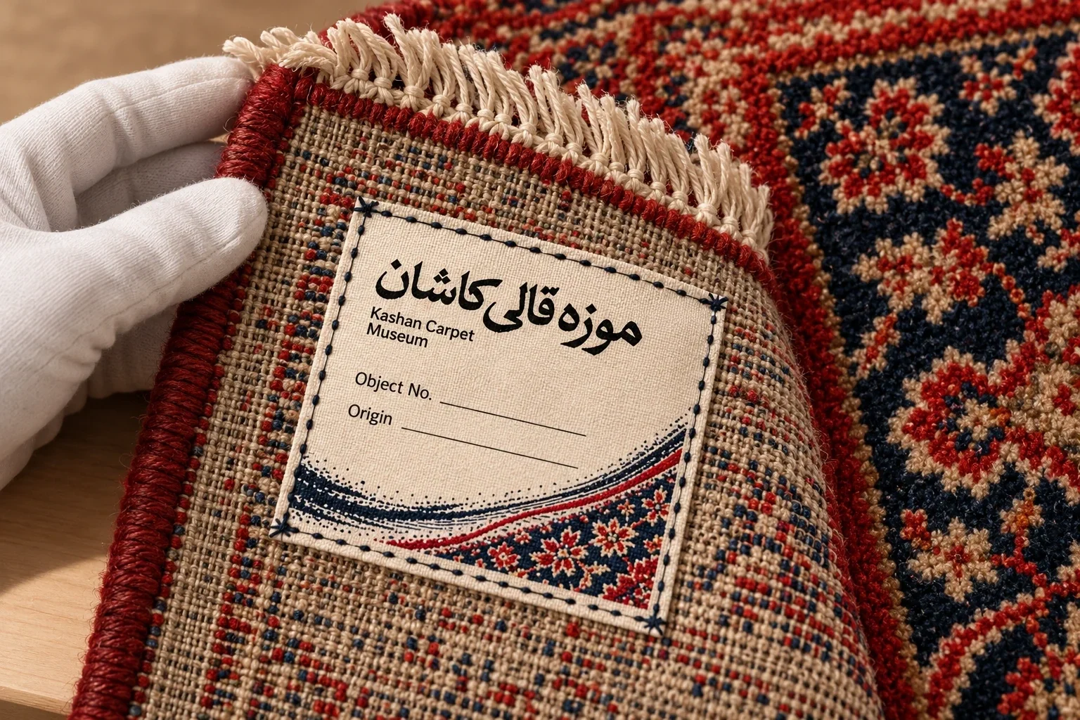 بطاقة توثيق سجادة كاشان مع رمز الخيط في هوية المتحف