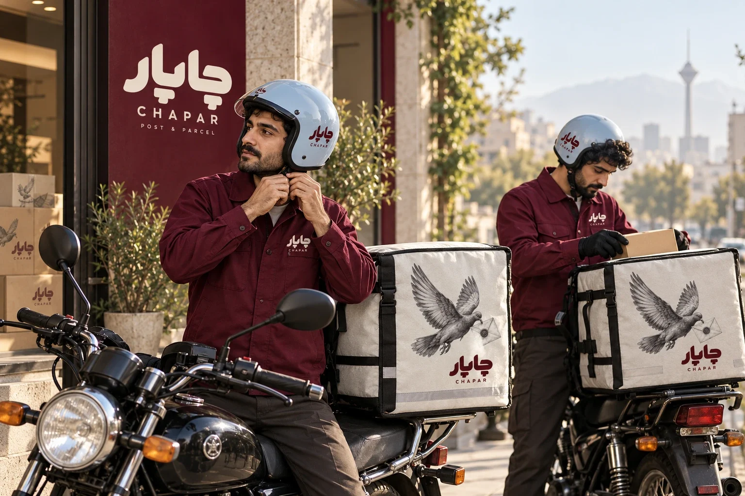 تصوّر ملابس المندوبين بقمصان عنابية وخوذ زرقاء وحقائب توصيل مصوّرة.