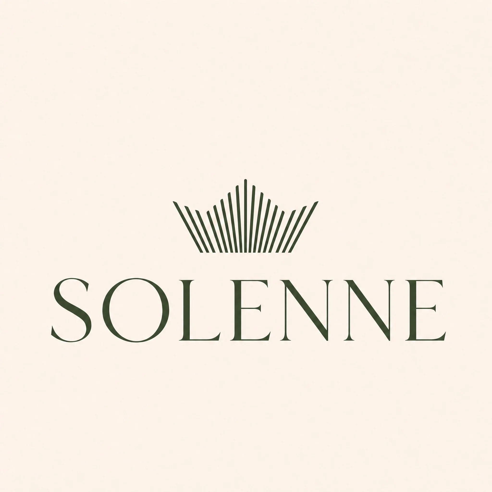 Primary Solenne wordmark and pleated fan emblem in deep olive on warm ivory.