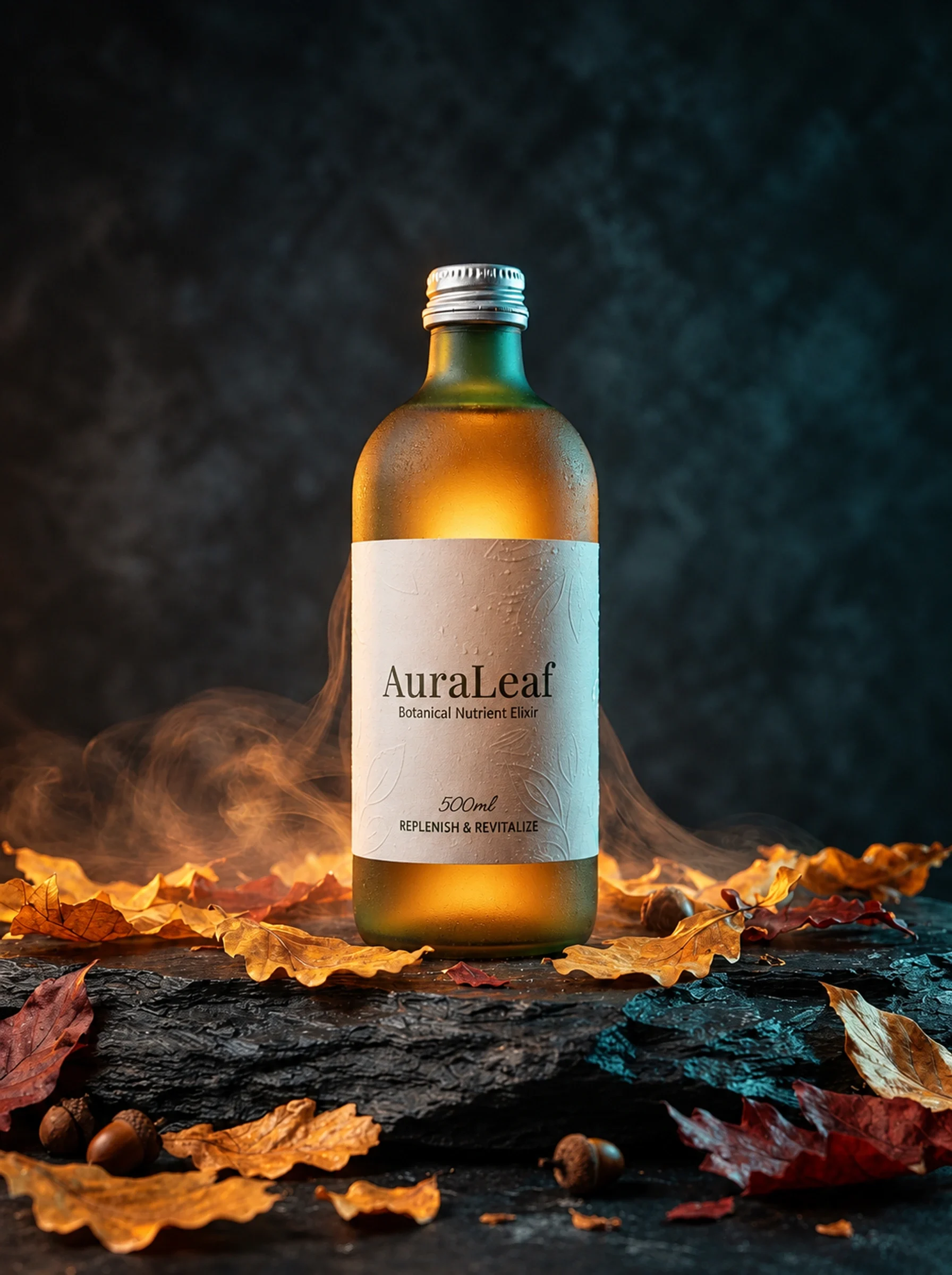 AuraLeaf amber bottle placed among autumn leaves