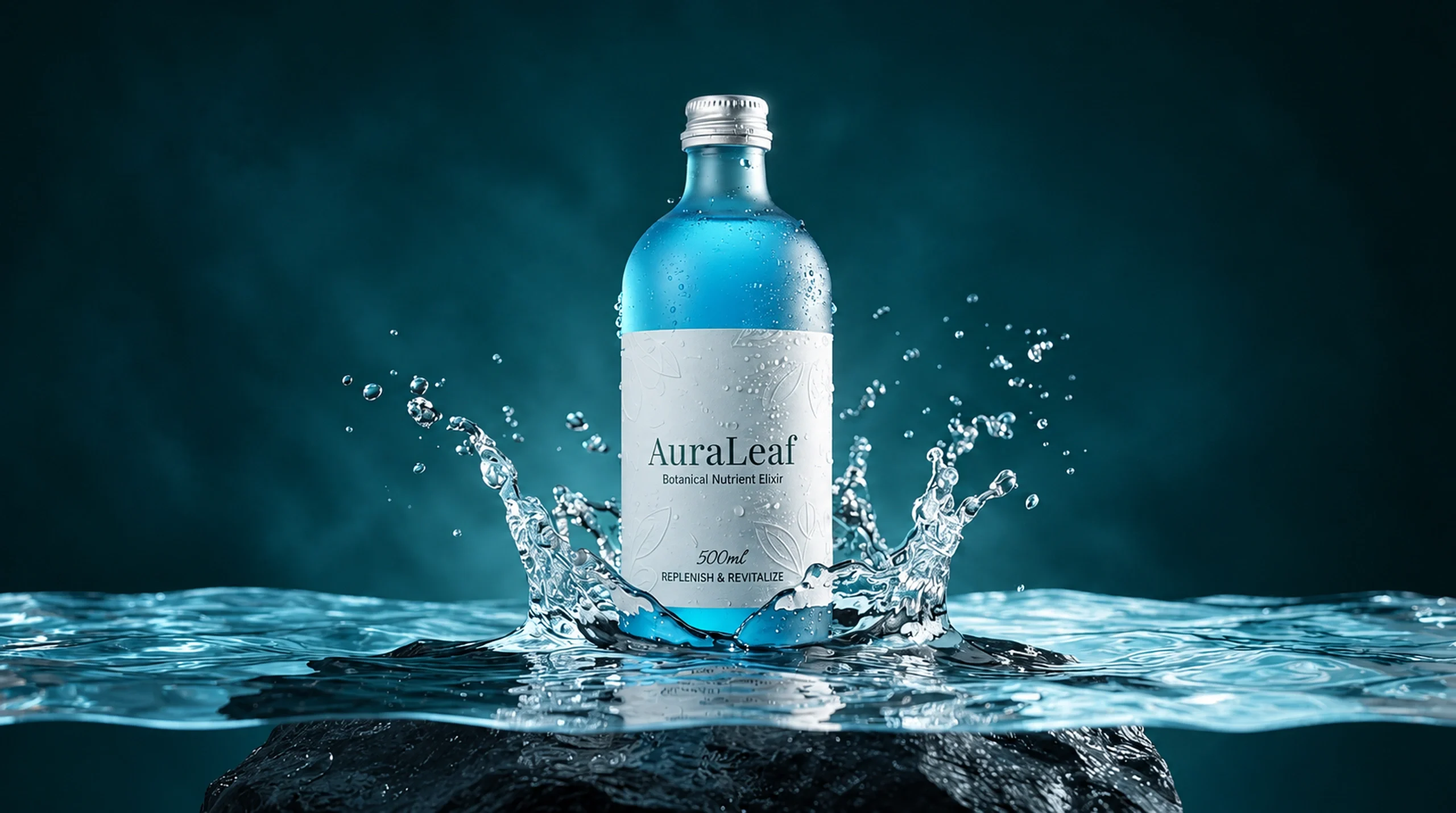AuraLeaf blue bottle surrounded by splashing water