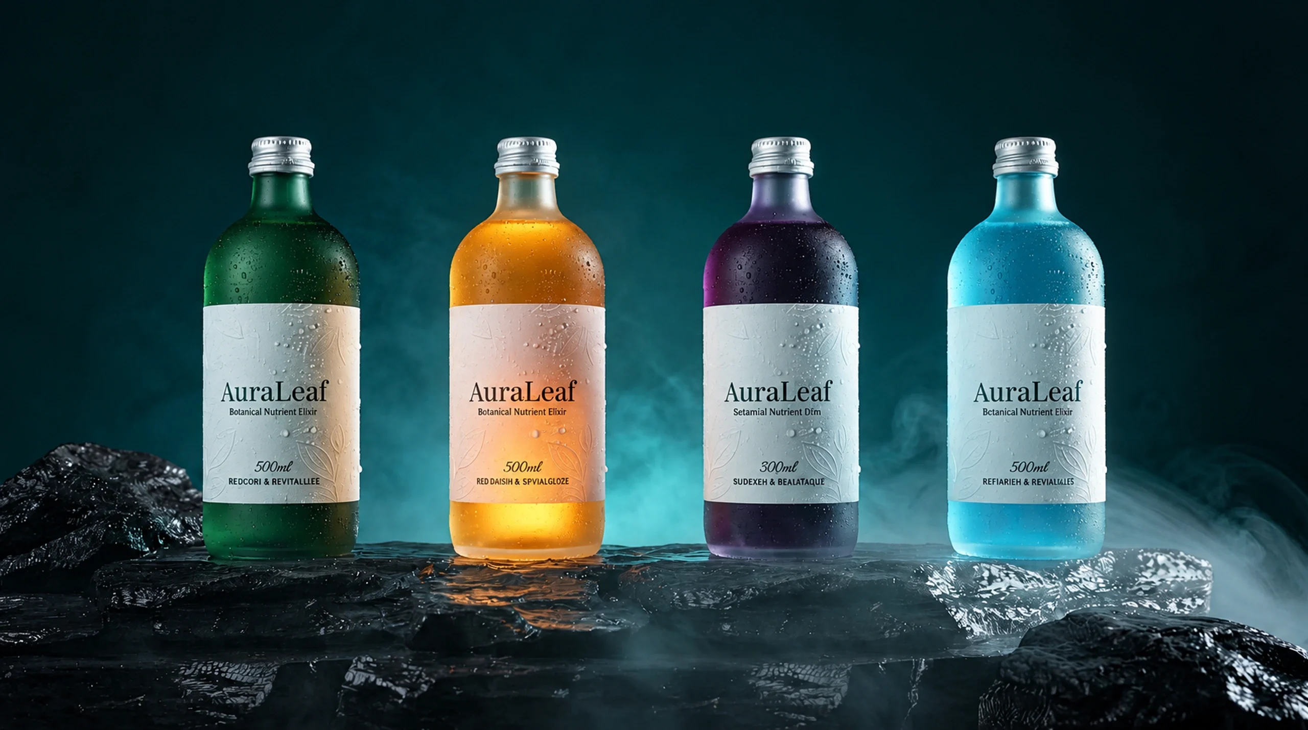 Four AuraLeaf bottles with green, amber, violet and blue contents on wet stone