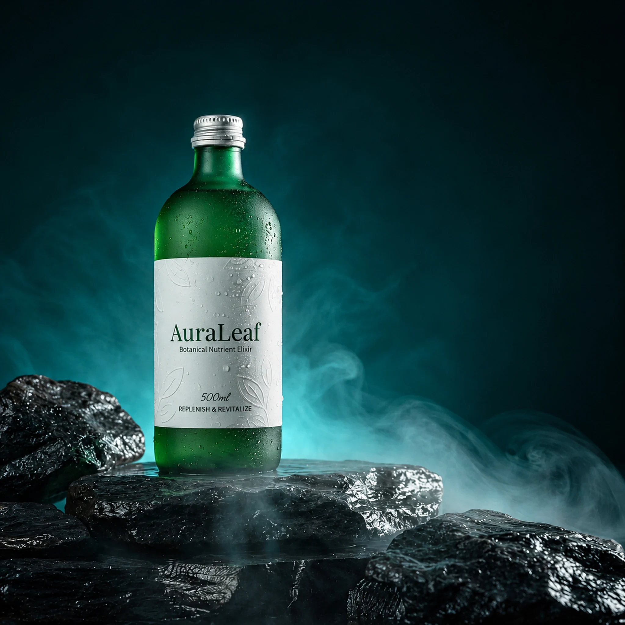 AuraLeaf green bottle standing on dark rocks in a teal scene