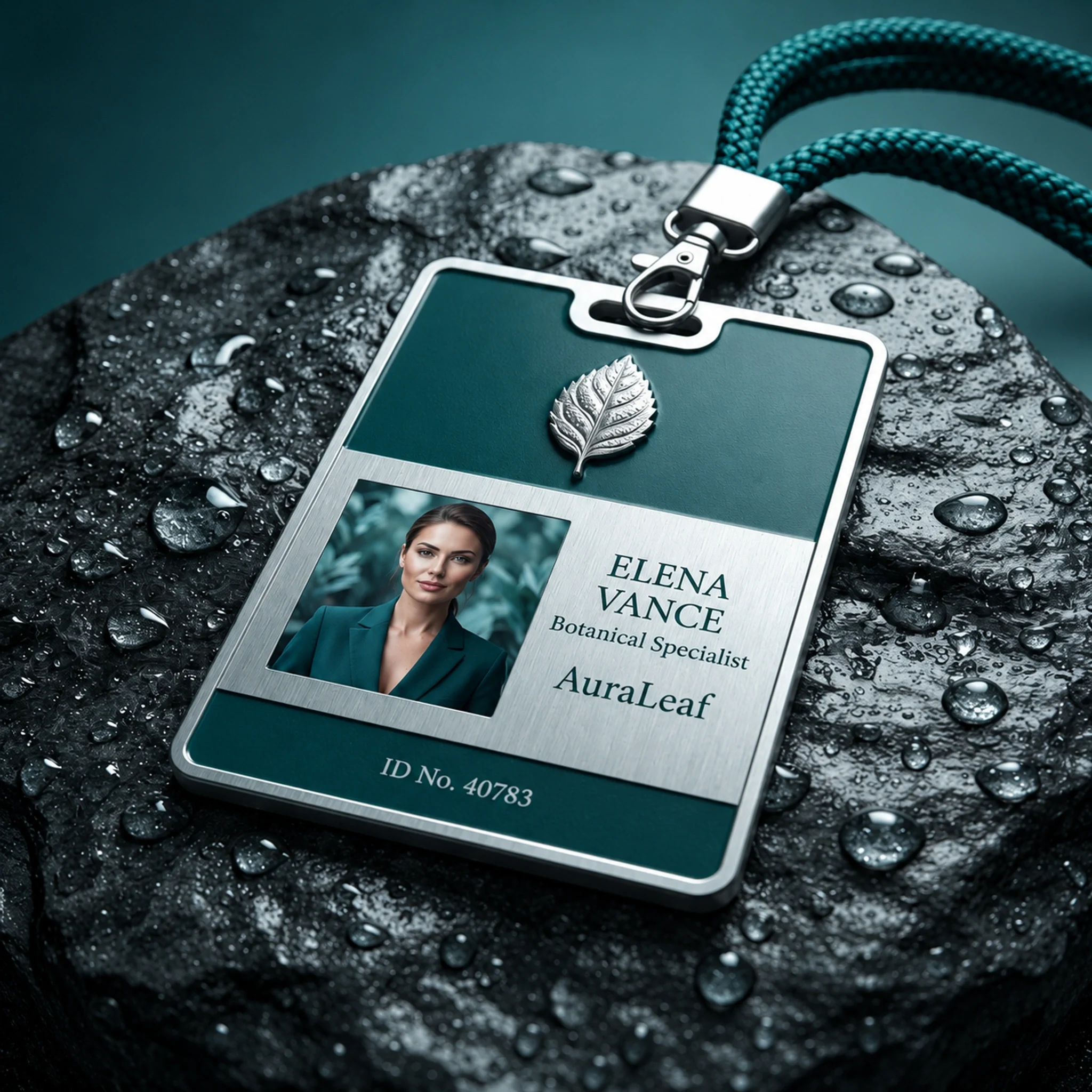 AuraLeaf staff badge and teal lanyard presented on wet stone