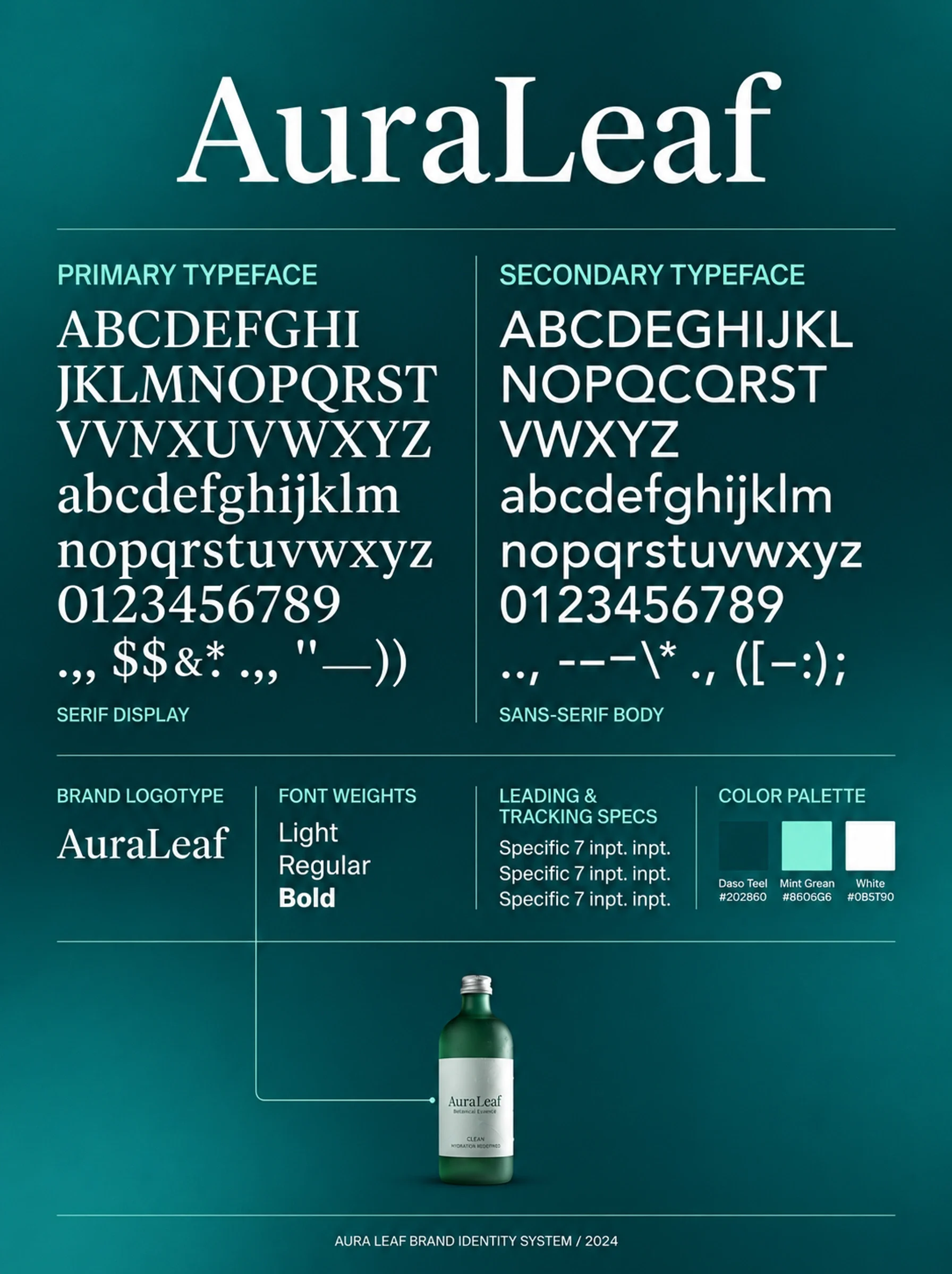 AuraLeaf typography board presenting serif and sans-serif letterforms