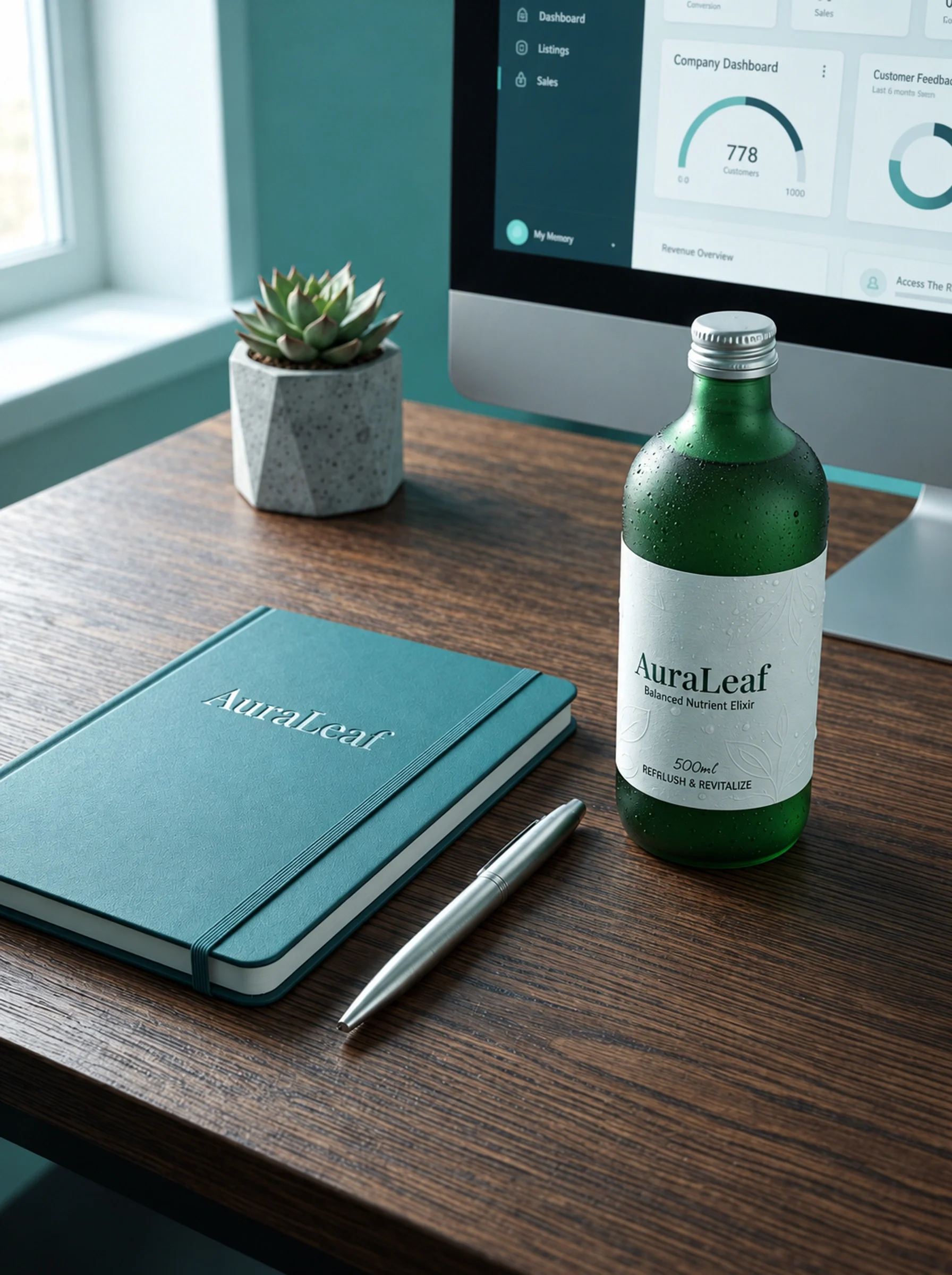 AuraLeaf notebook, bottle and digital screen in a desk welcome-kit presentation