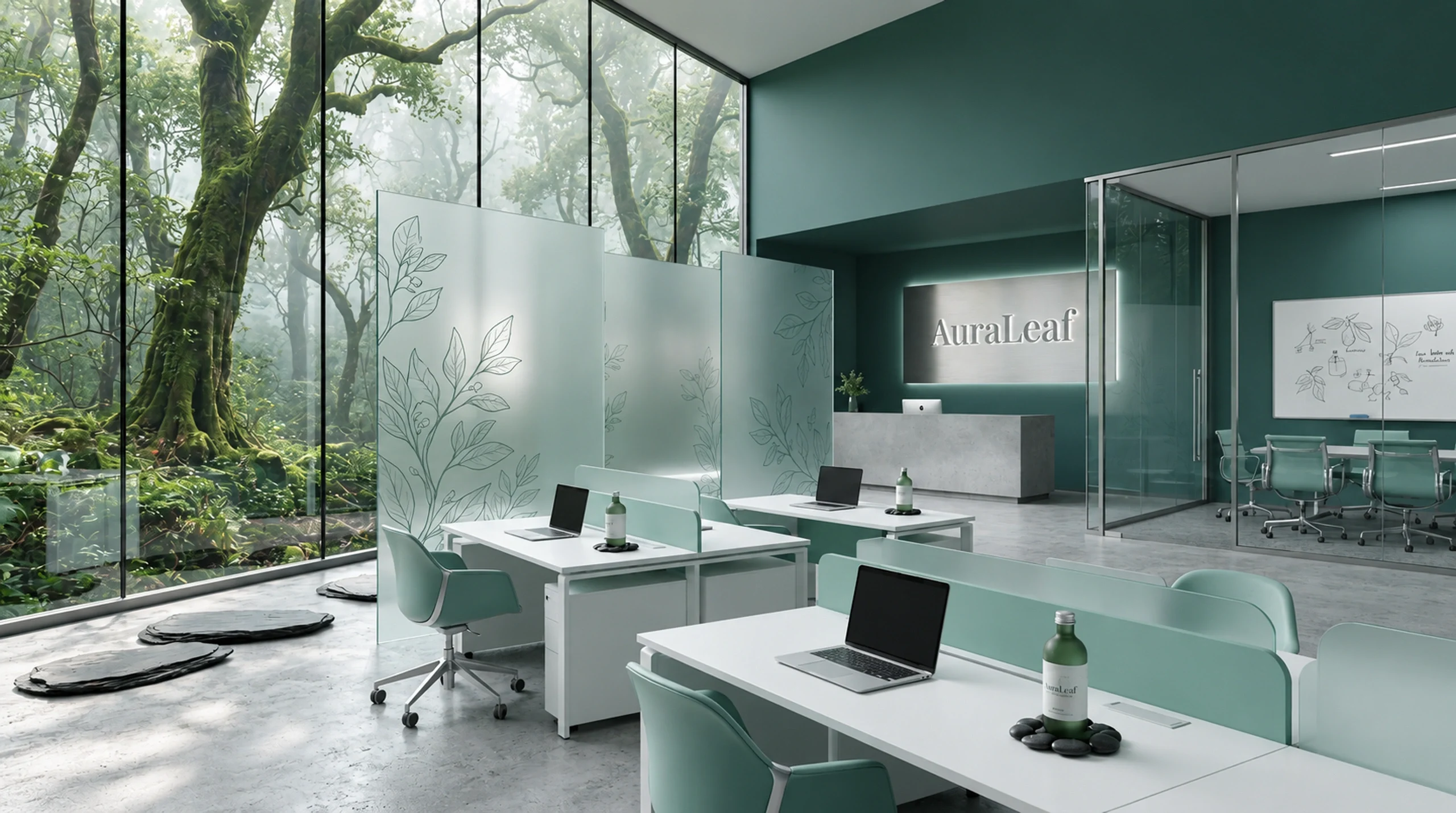 AuraLeaf workspace presentation with green furniture and forest-facing windows